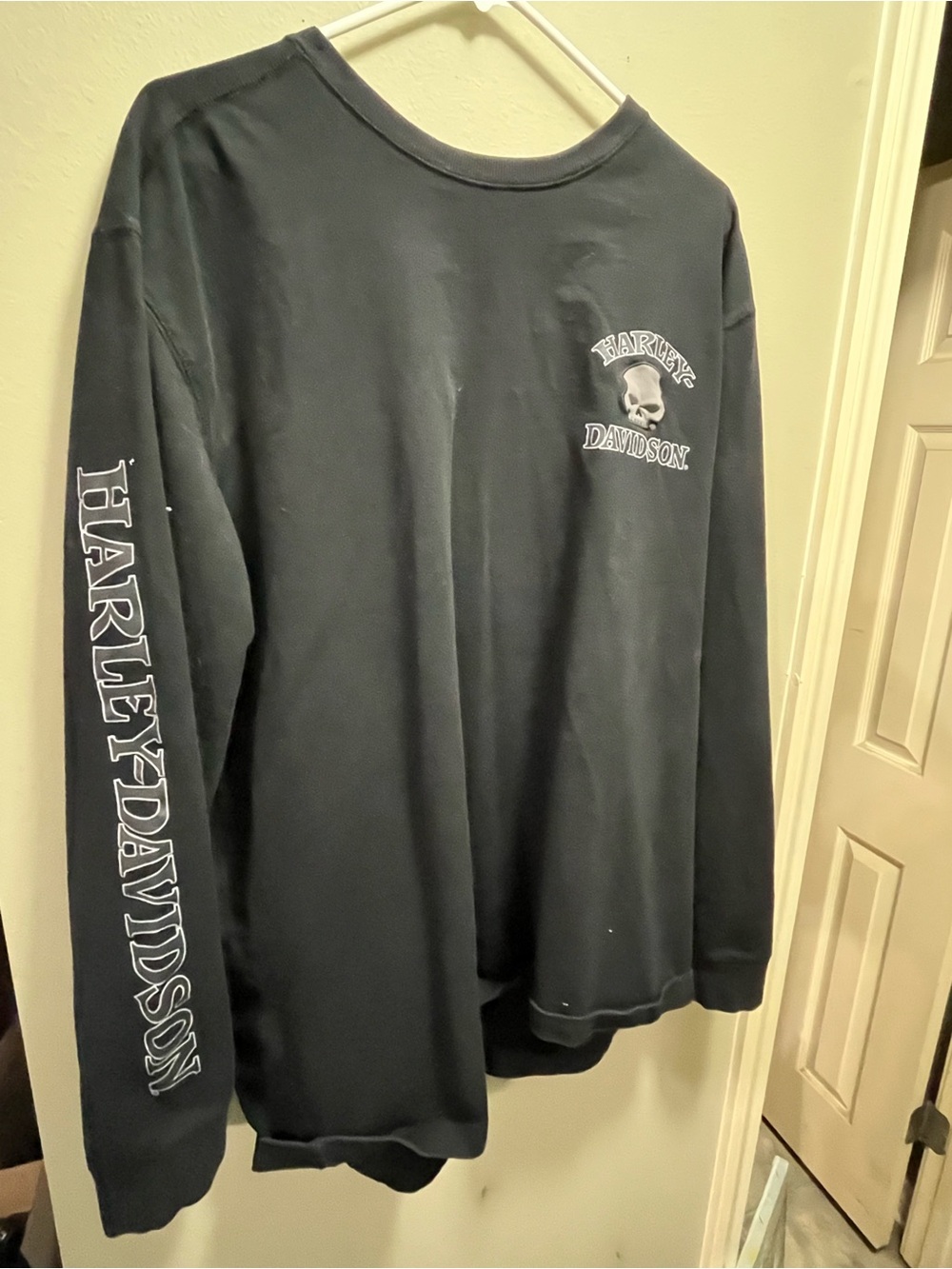 Harley-Davidson Black Long Sleeve Tee with White Skull and Sleeve Text